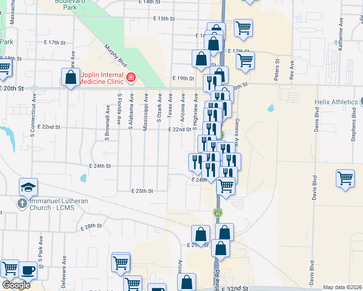 map of restaurants, bars, coffee shops, grocery stores, and more near East 23rd Street in Loma Linda
