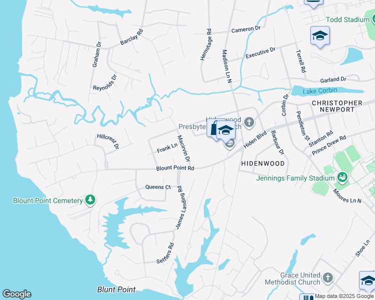 map of restaurants, bars, coffee shops, grocery stores, and more near 12 Macirvin Dr in Newport News