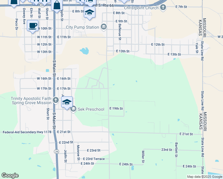 map of restaurants, bars, coffee shops, grocery stores, and more near 1701 Wood Street in Galena