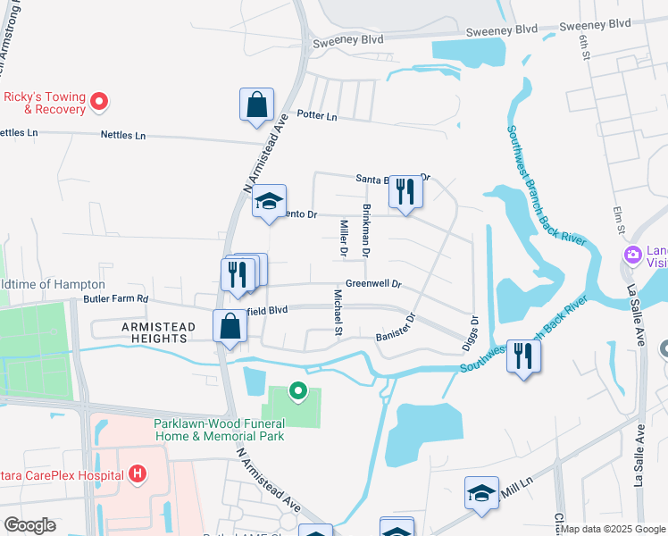 map of restaurants, bars, coffee shops, grocery stores, and more near 105 Greenwell Drive in Hampton