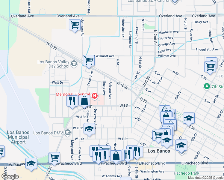 map of restaurants, bars, coffee shops, grocery stores, and more near 726 Arizona Avenue in Los Banos