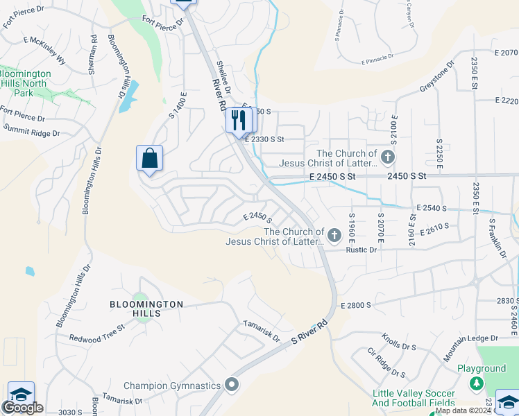 map of restaurants, bars, coffee shops, grocery stores, and more near 1630 East 2450 South in St. George