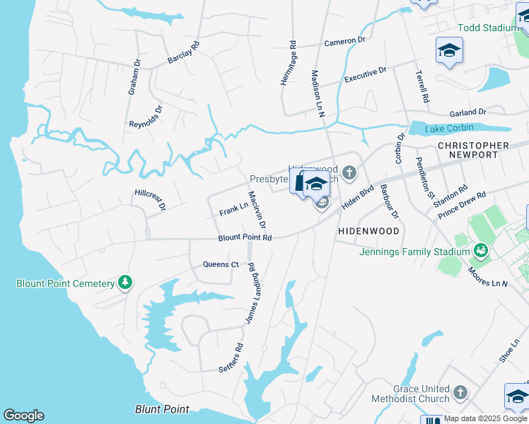 map of restaurants, bars, coffee shops, grocery stores, and more near 12 Macirvin Dr in Newport News