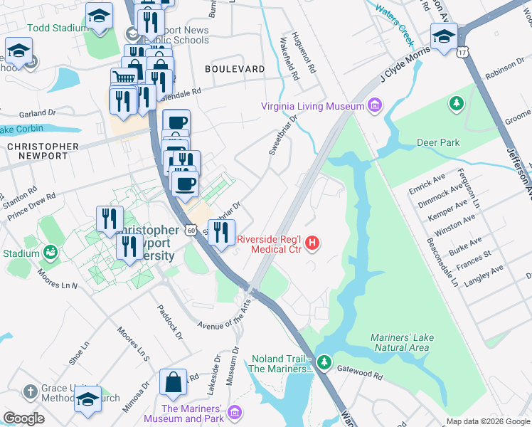map of restaurants, bars, coffee shops, grocery stores, and more near 45 Peters Lane in Newport News