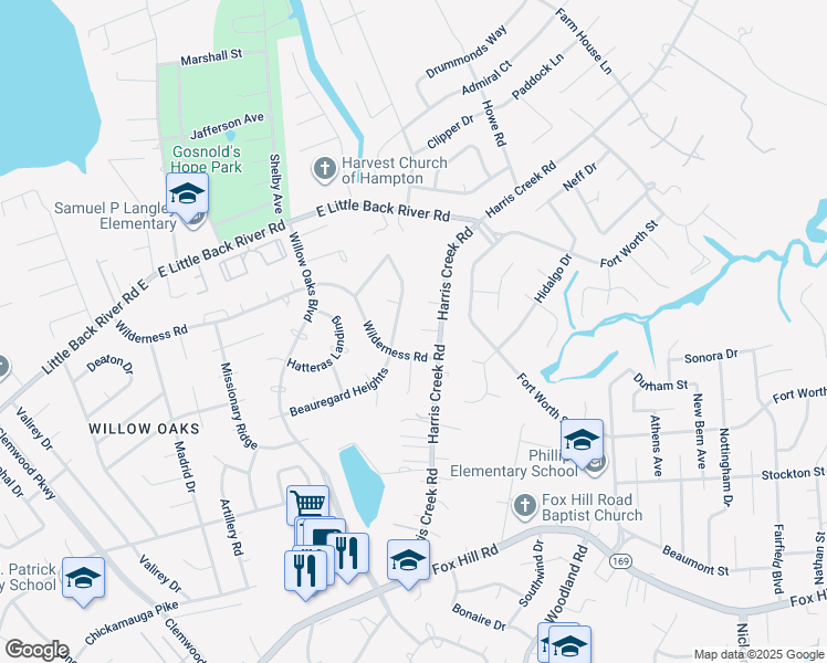map of restaurants, bars, coffee shops, grocery stores, and more near 7 Live Oak Court in Hampton