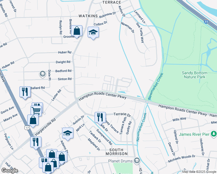 map of restaurants, bars, coffee shops, grocery stores, and more near 56 Transit Lane in Newport News