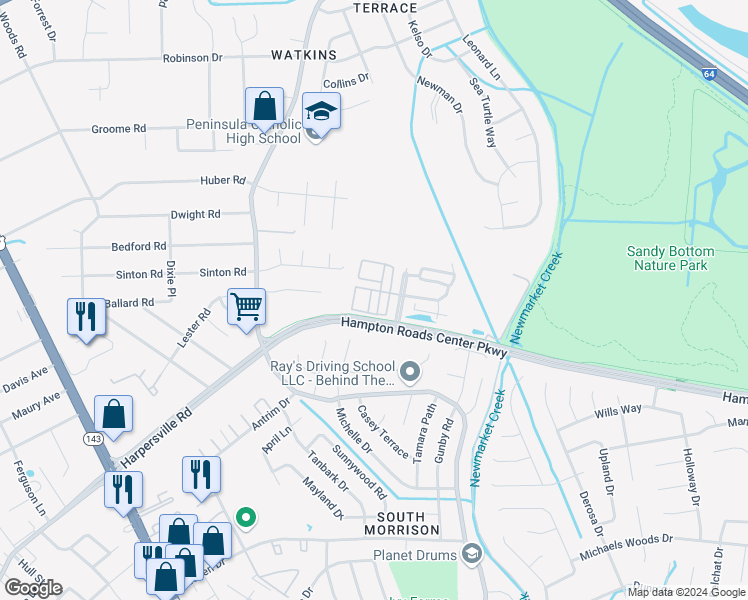 map of restaurants, bars, coffee shops, grocery stores, and more near 56 Transit Lane in Newport News