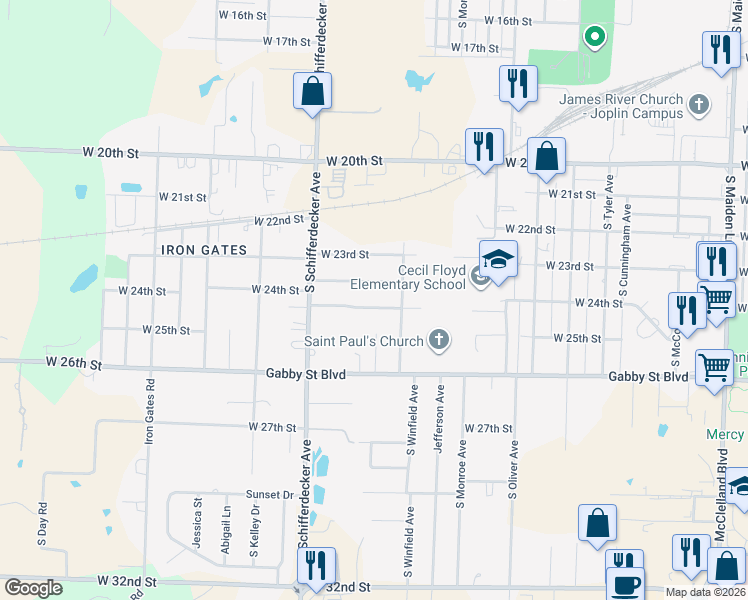 map of restaurants, bars, coffee shops, grocery stores, and more near 2611-2621 West 24th Street in Joplin