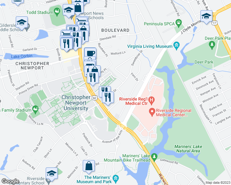 map of restaurants, bars, coffee shops, grocery stores, and more near 18 Sweetbriar Drive in Newport News
