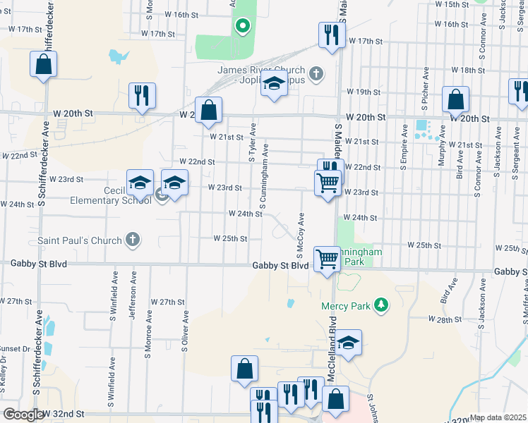 map of restaurants, bars, coffee shops, grocery stores, and more near 1839 South Cunningham Avenue in Joplin
