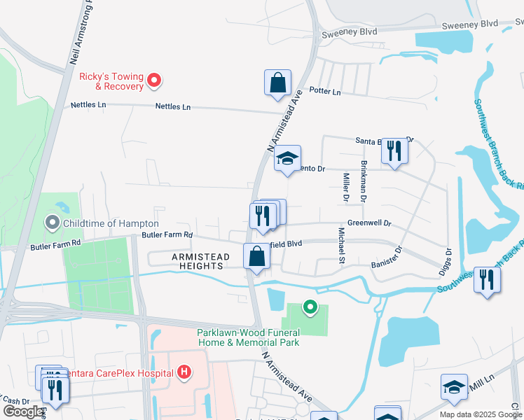 map of restaurants, bars, coffee shops, grocery stores, and more near 14 Grouper Loop in Hampton