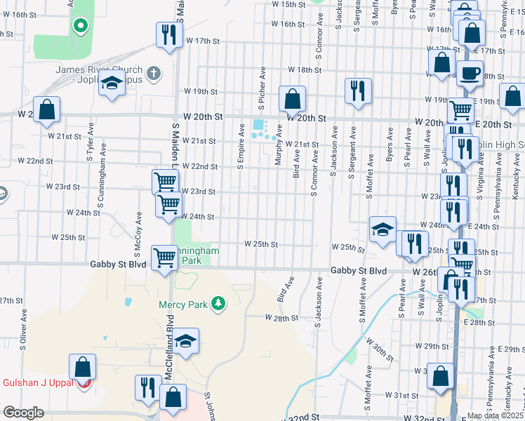 map of restaurants, bars, coffee shops, grocery stores, and more near 1209 W 24th St in Joplin