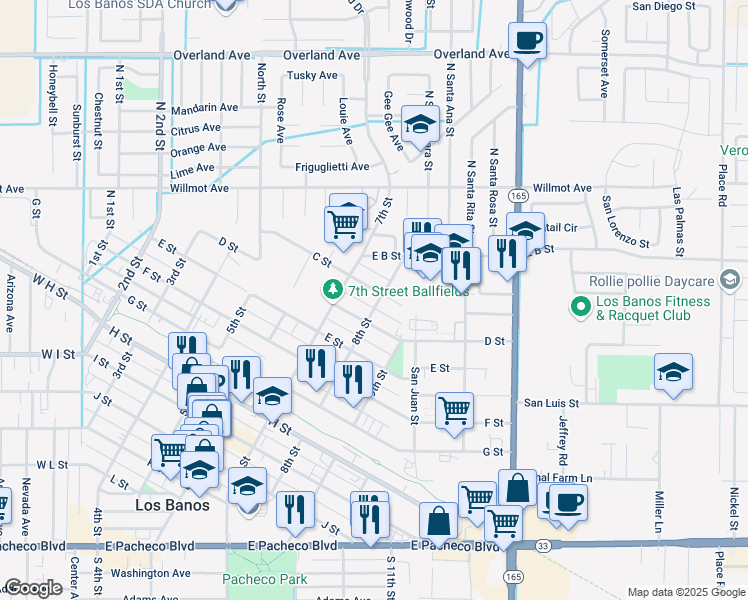 map of restaurants, bars, coffee shops, grocery stores, and more near 343 8th Street in Los Banos