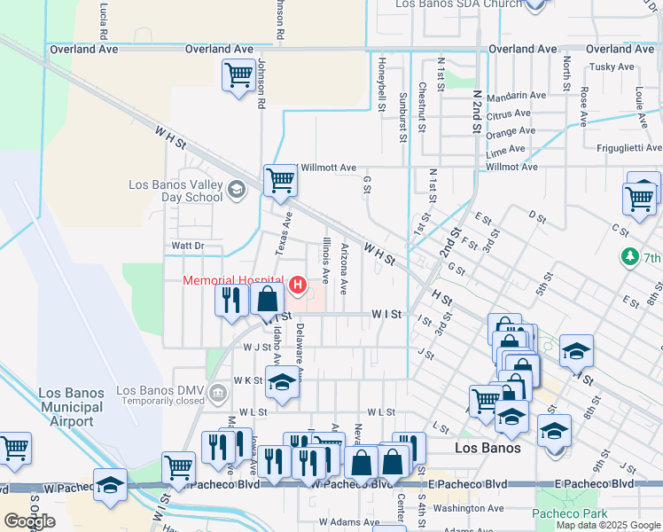 map of restaurants, bars, coffee shops, grocery stores, and more near 747 Illinois Avenue in Los Banos