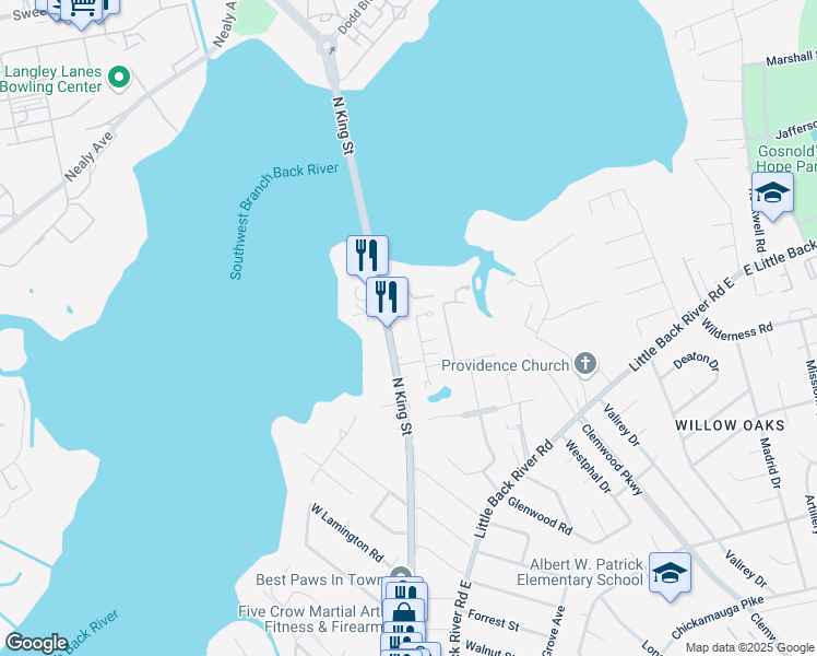 map of restaurants, bars, coffee shops, grocery stores, and more near 1821 Olde Buckingham Road in Hampton