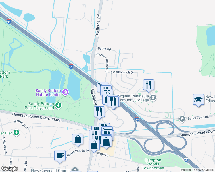 map of restaurants, bars, coffee shops, grocery stores, and more near 37 Thomas Nelson Drive in Hampton