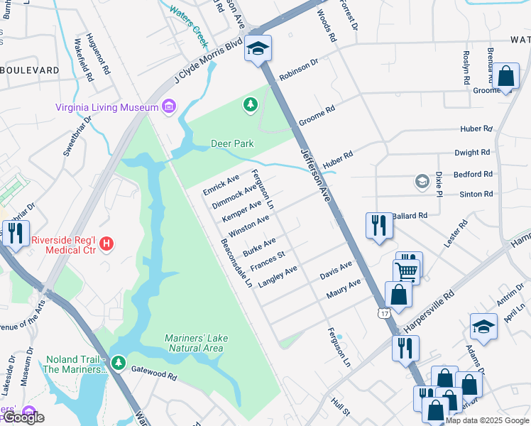 map of restaurants, bars, coffee shops, grocery stores, and more near 17 Winston Avenue in Newport News