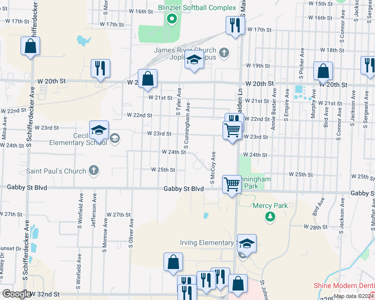 map of restaurants, bars, coffee shops, grocery stores, and more near 1839 South Cunningham Avenue in Joplin