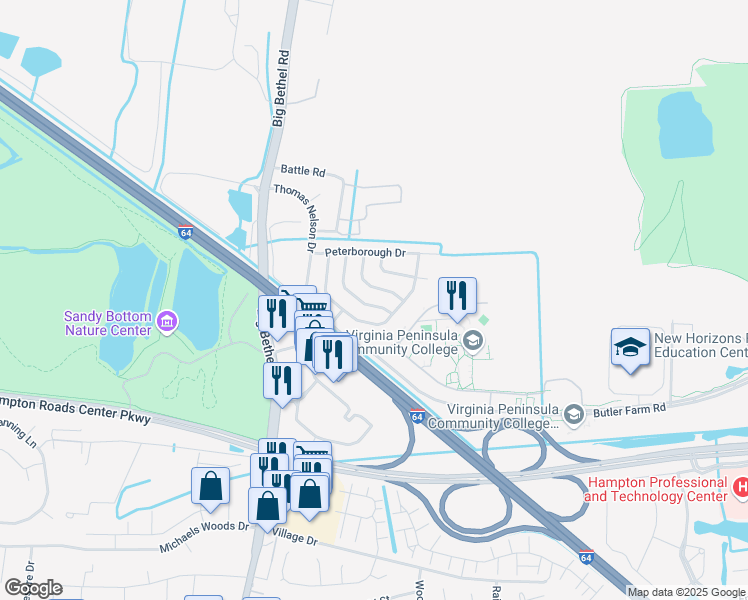 map of restaurants, bars, coffee shops, grocery stores, and more near 27 Harrogate Lane in Hampton