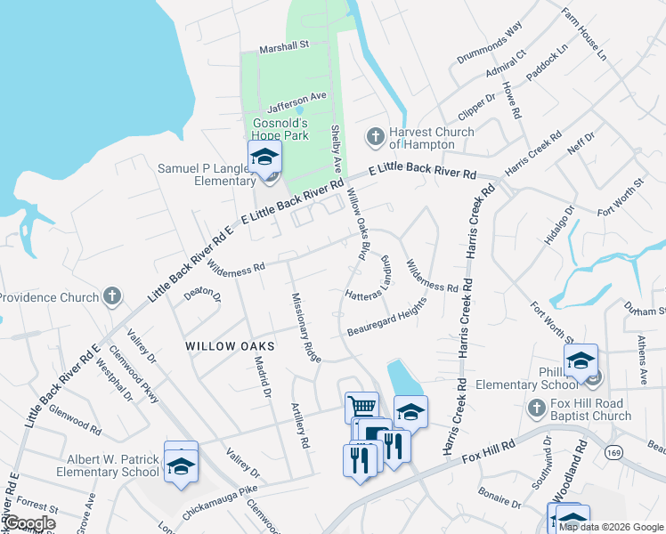 map of restaurants, bars, coffee shops, grocery stores, and more near 108 Five Forks Lane in Hampton