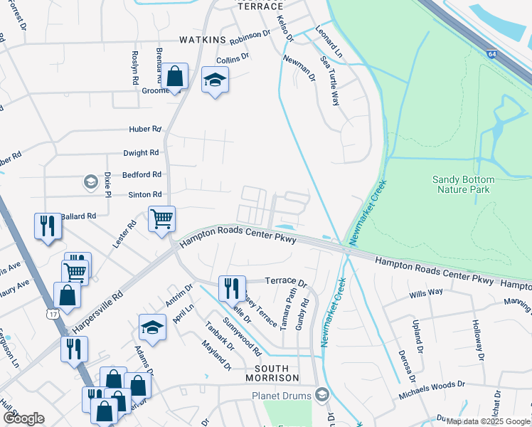 map of restaurants, bars, coffee shops, grocery stores, and more near 88 Zenith Loop in Newport News