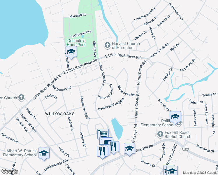 map of restaurants, bars, coffee shops, grocery stores, and more near 29 Hatteras Landing in Hampton