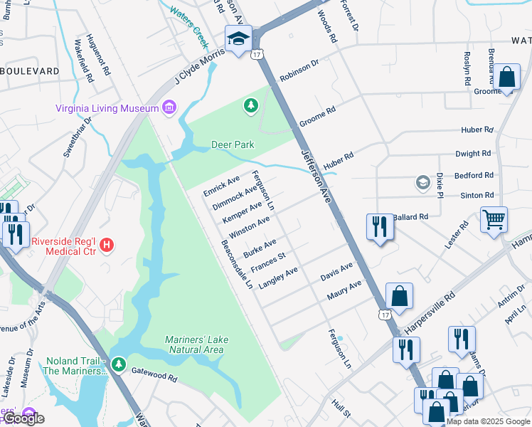 map of restaurants, bars, coffee shops, grocery stores, and more near 17 Winston Avenue in Newport News
