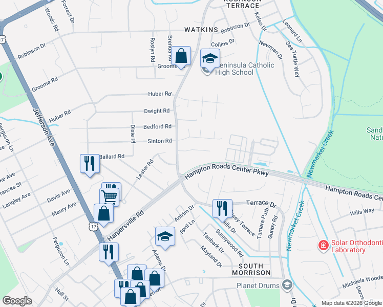 map of restaurants, bars, coffee shops, grocery stores, and more near 522 Harpersville Road in Newport News