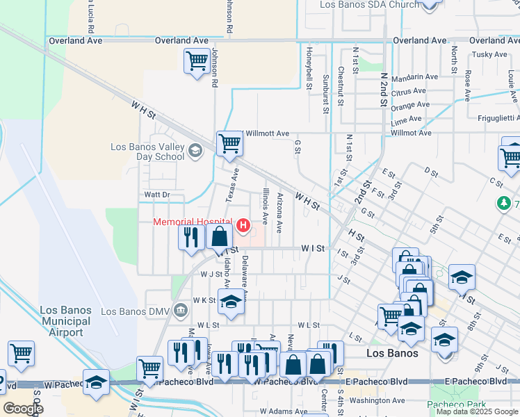 map of restaurants, bars, coffee shops, grocery stores, and more near 747 Illinois Avenue in Los Banos
