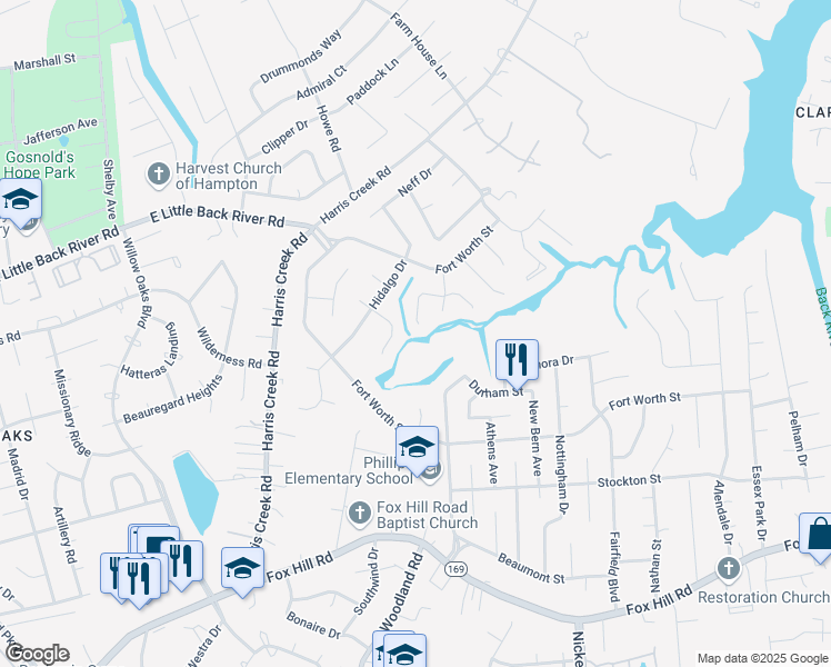 map of restaurants, bars, coffee shops, grocery stores, and more near 113 Alamo Court in Hampton