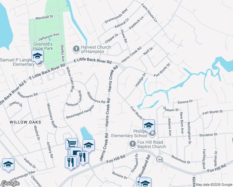 map of restaurants, bars, coffee shops, grocery stores, and more near 134 Fort Worth Street in Hampton