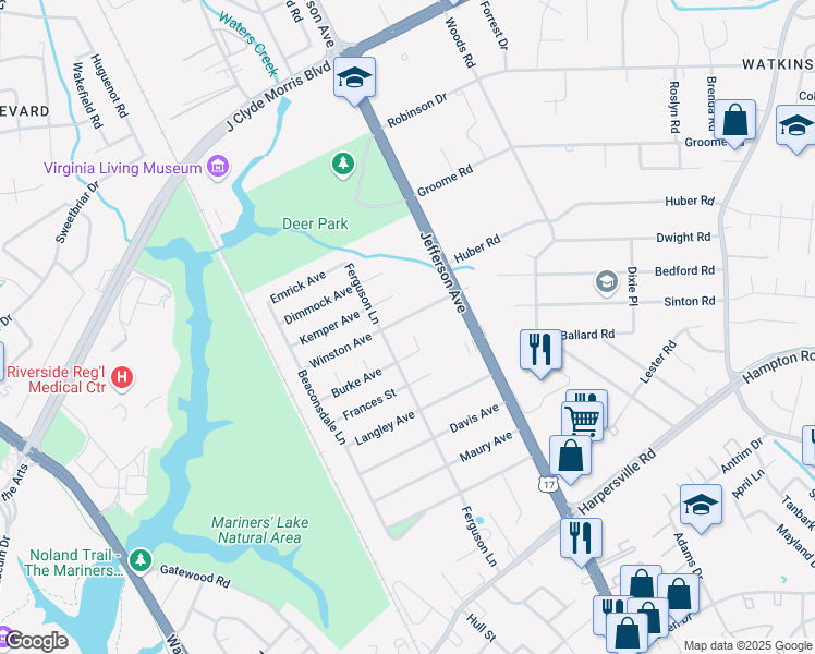 map of restaurants, bars, coffee shops, grocery stores, and more near 2 Joyce Circle in Newport News
