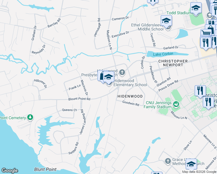 map of restaurants, bars, coffee shops, grocery stores, and more near 501 Blount Point Road in Newport News