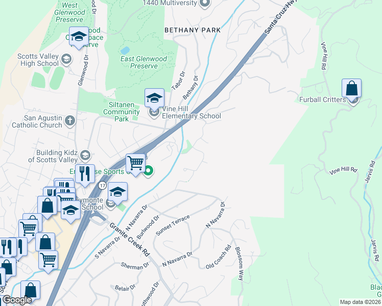 map of restaurants, bars, coffee shops, grocery stores, and more near 412 Polo Ranch Road in Scotts Valley