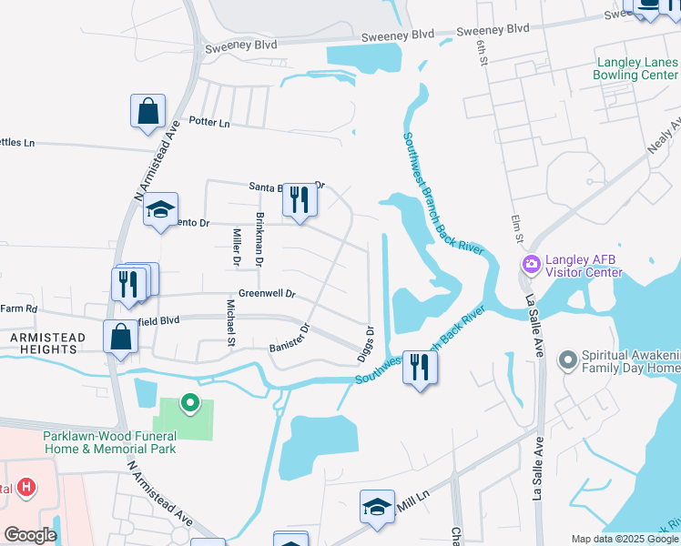 map of restaurants, bars, coffee shops, grocery stores, and more near 202 Santa Clara Drive in Hampton
