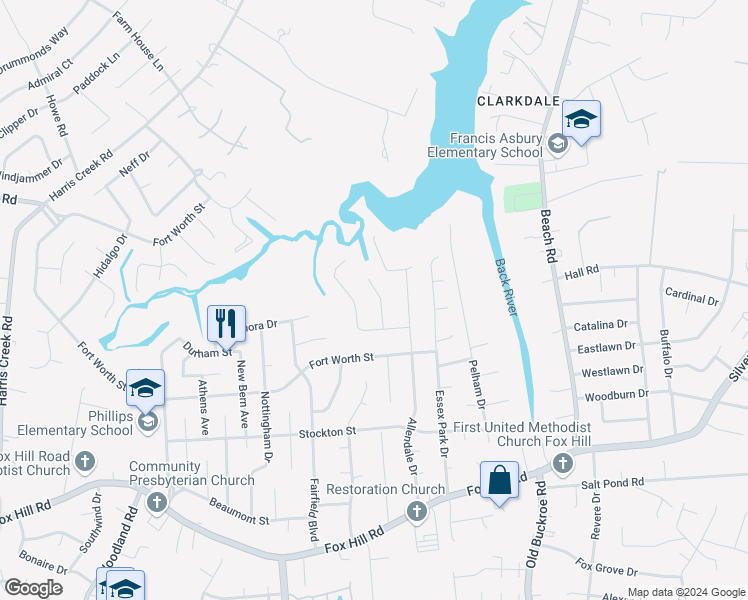 map of restaurants, bars, coffee shops, grocery stores, and more near 9 Pine Lake Court in Hampton