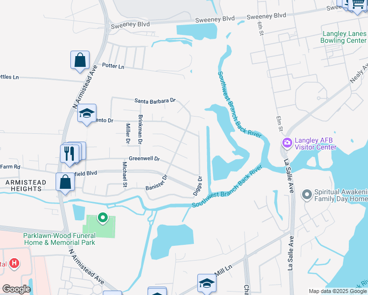 map of restaurants, bars, coffee shops, grocery stores, and more near 202 Santa Clara Drive in Hampton