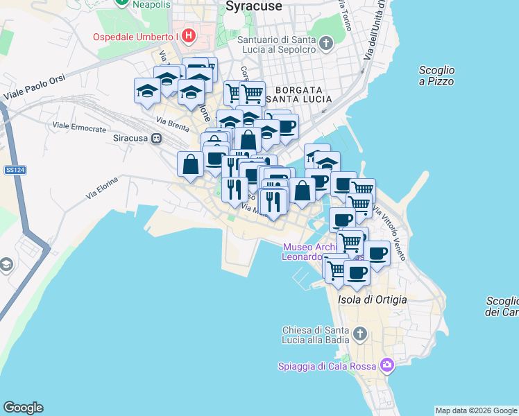 map of restaurants, bars, coffee shops, grocery stores, and more near 3 Via Bengasi in Siracusa