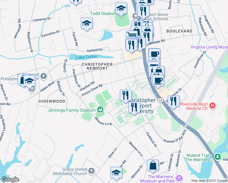 map of restaurants, bars, coffee shops, grocery stores, and more near Merritt Road in Newport News