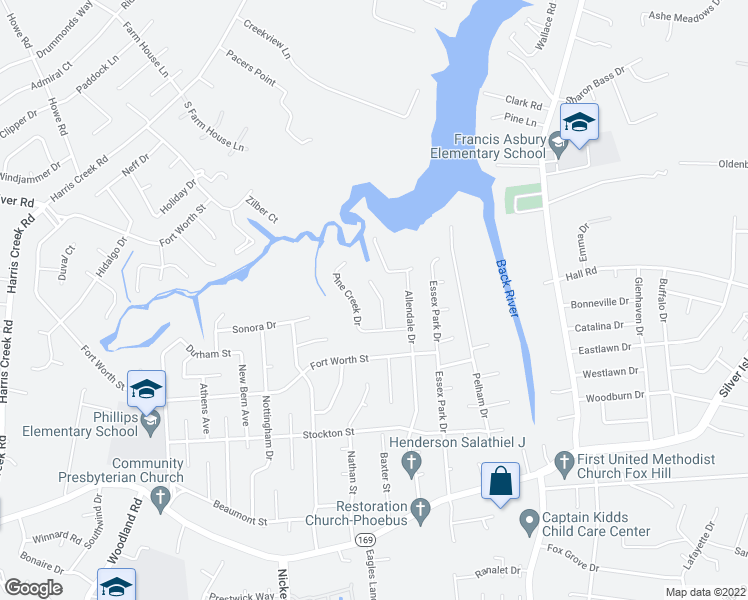 map of restaurants, bars, coffee shops, grocery stores, and more near 9 Pine Lake Court in Hampton