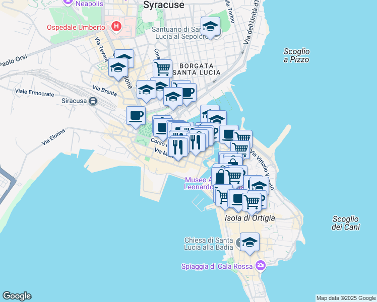 map of restaurants, bars, coffee shops, grocery stores, and more near 13 Corso Umberto I in Syracuse