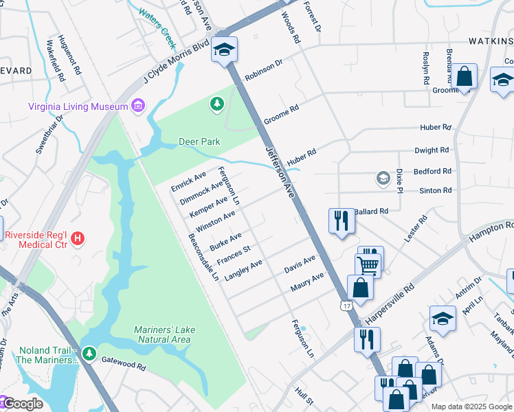 map of restaurants, bars, coffee shops, grocery stores, and more near 2 Joyce Circle in Newport News