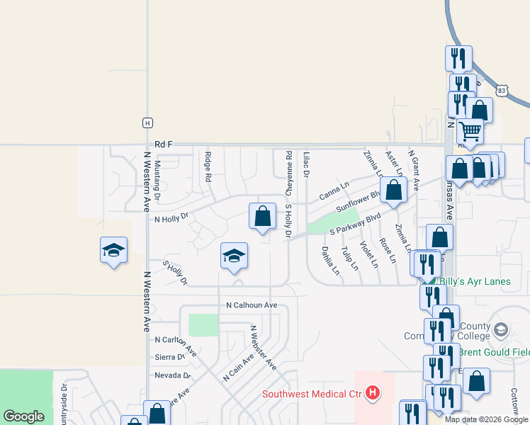 map of restaurants, bars, coffee shops, grocery stores, and more near 850 Apollo Street in Liberal