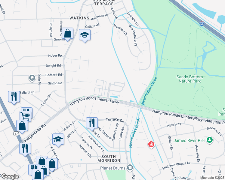 map of restaurants, bars, coffee shops, grocery stores, and more near 74 Meridian Parkway in Newport News
