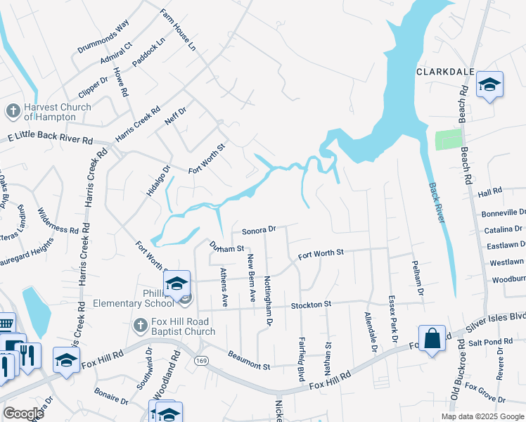 map of restaurants, bars, coffee shops, grocery stores, and more near 439 Sonora Drive in Hampton