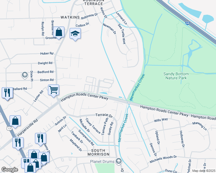 map of restaurants, bars, coffee shops, grocery stores, and more near 540 Hampton Roads Center Parkway in Newport News