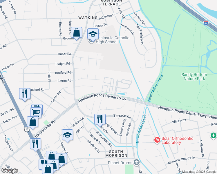 map of restaurants, bars, coffee shops, grocery stores, and more near 47 Transit Lane in Newport News