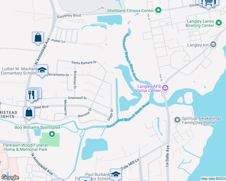 map of restaurants, bars, coffee shops, grocery stores, and more near 128 Diggs Drive in Hampton