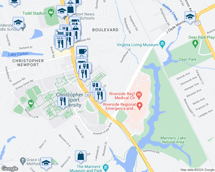 map of restaurants, bars, coffee shops, grocery stores, and more near 18 Sweetbriar Drive in Newport News