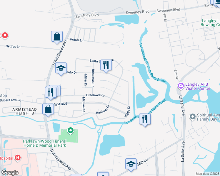 map of restaurants, bars, coffee shops, grocery stores, and more near 119 Culotta Drive in Hampton